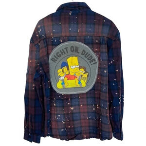 Bart Simpson Reworked Bleached Plaid Flannel Shirt Men Unisex Large Handmade